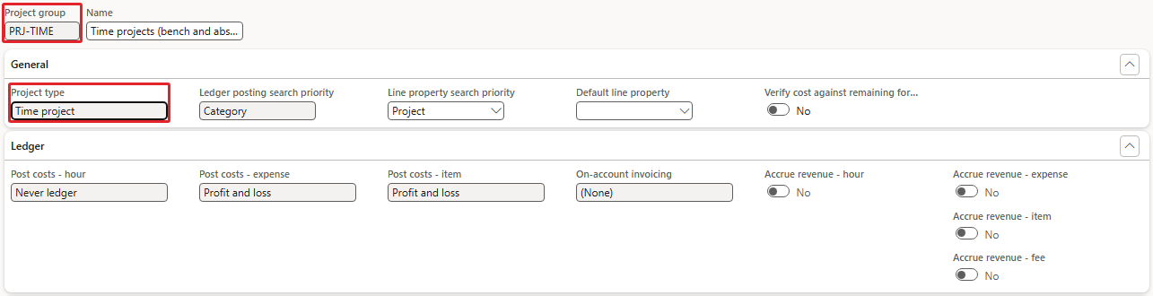 PRJ-TIME, type Time project – Post costs – hour is fixed on Never ledger