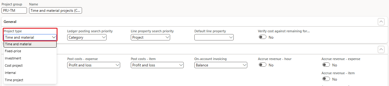 Project groups – the Project type list