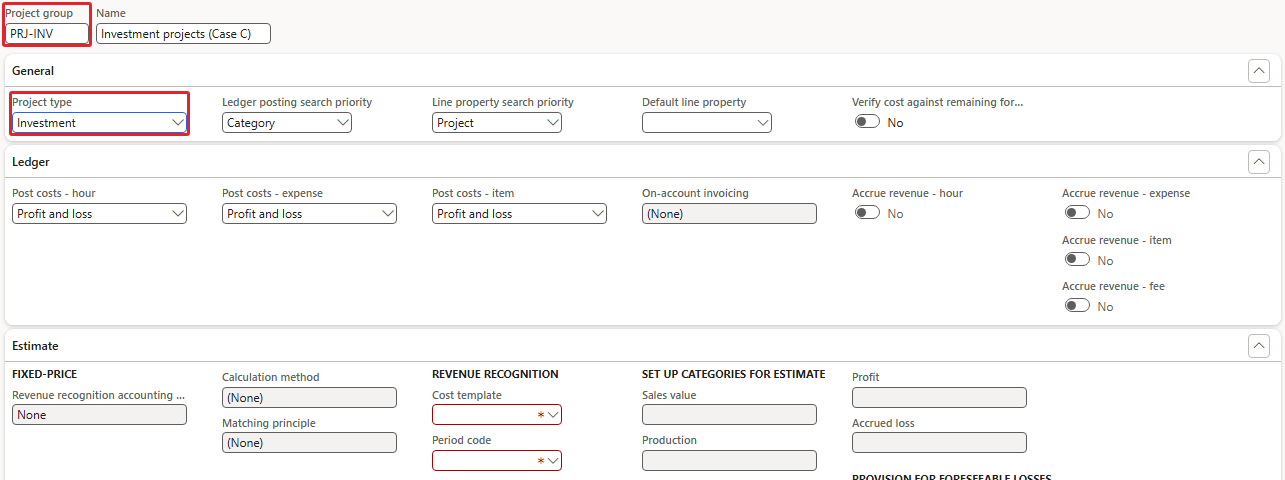 PRJ-INV – Cost template and Period code are required for investment groups too