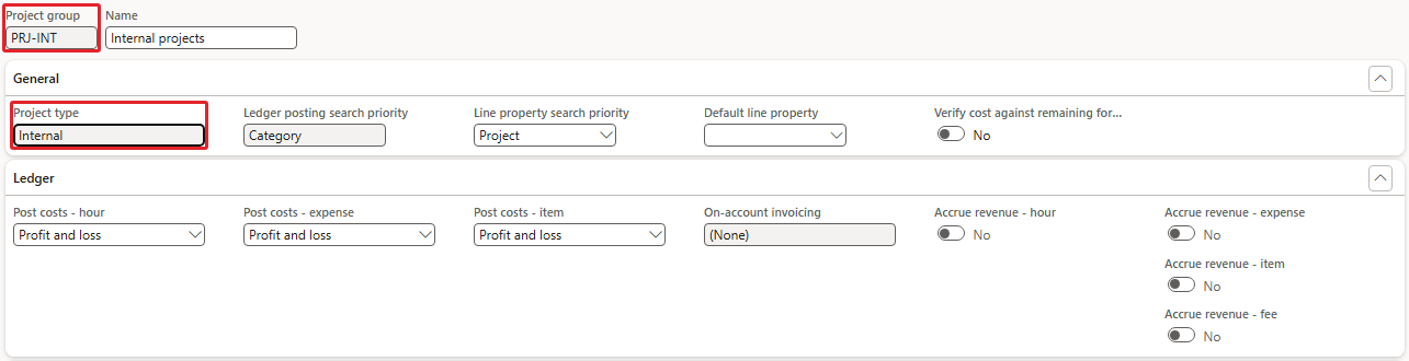 PRJ-INT, type Internal – the three Post costs fields can be changed