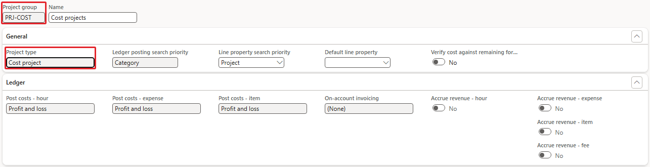PRJ-COST, type Cost project – the Post costs fields are fixed on Profit and loss