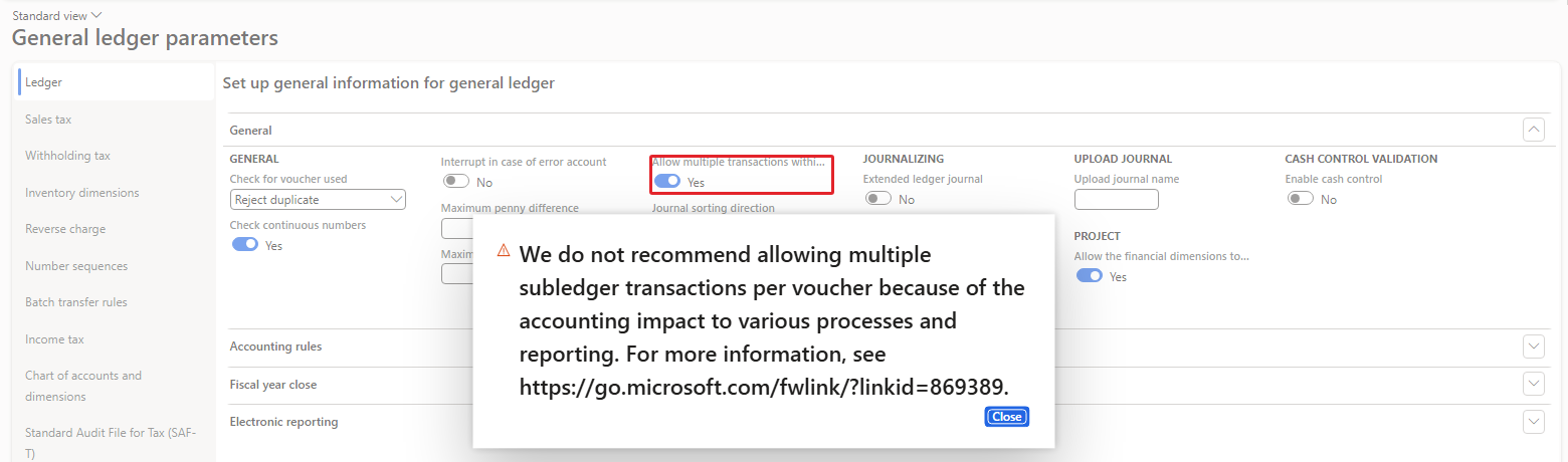 Figure 2.6 – Allow multiple transactions within one voucher and the warning it shows