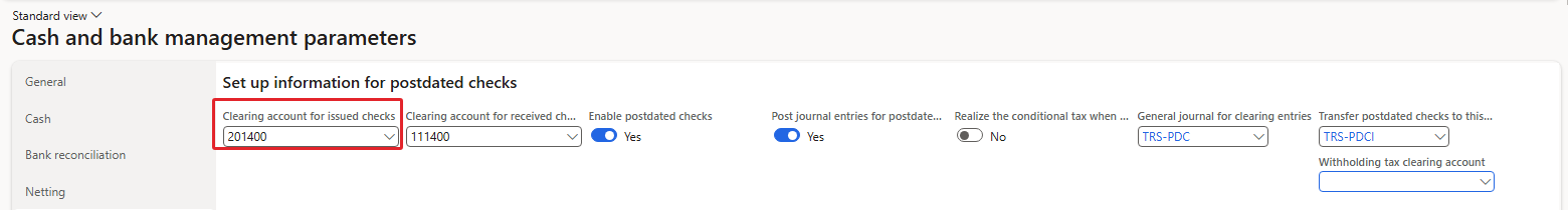 Figure 2.5 – The Postdated checks page of the parameters