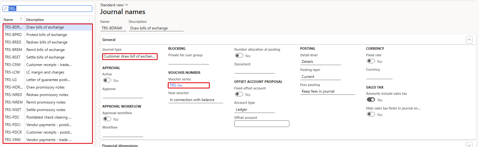 Figure 2.3 – The treasury journal names, all on voucher series TRS-Jrn