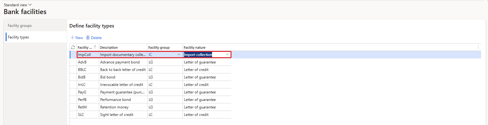Figure 3.1 – Facility types; ImpColl was added for import documentary collections