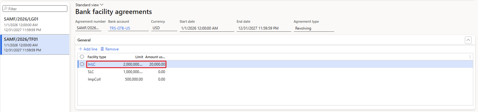 Figure 3.5 – TF01 after the import LC: IrrLC amount used 20,000.00