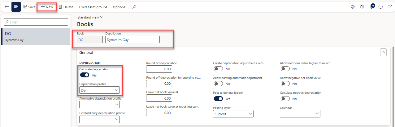 Note:] If the Calculate depreciation field is set to Yes, the associated asset book will be included in depreciation