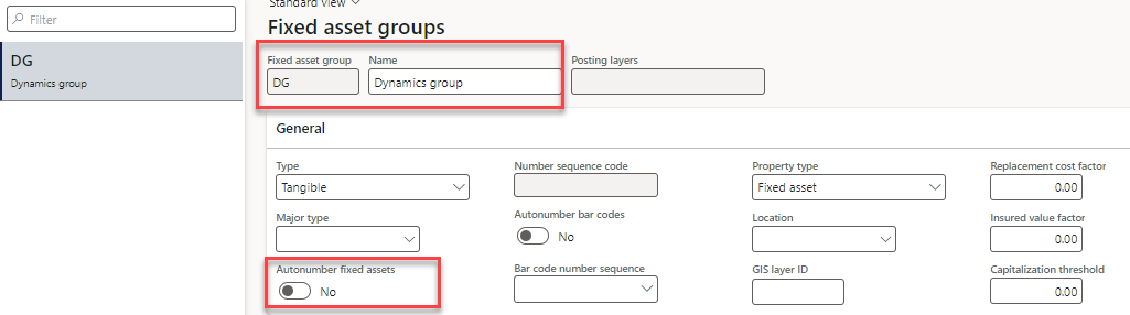 Set up fixed asset groups: In the Book field, enter or select a value.