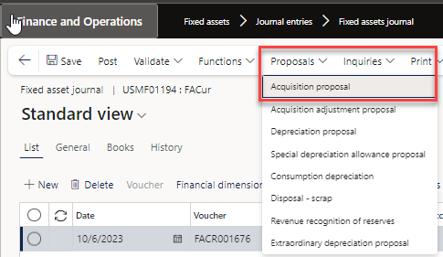 Propose fixed asset acquisitions: Select Reset to clear previous values.