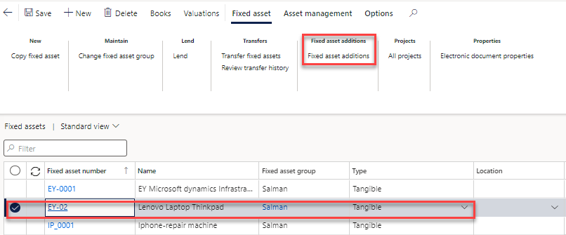 Enter an addition to a fixed asset: In the Name field, type a value.