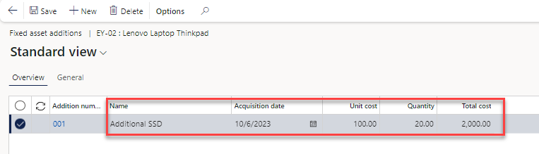 Enter an addition to a fixed asset: Click the General tab.