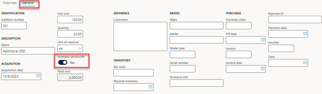 Enter an addition to a fixed asset: Set Increases service life to Yes if the addition increases the service life of the