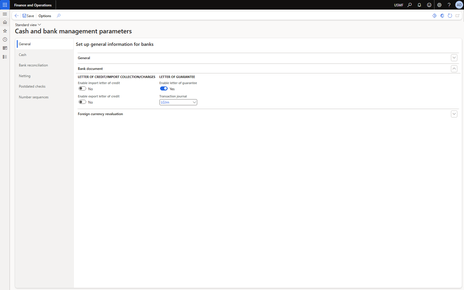 Bank document tab: Enable letter of guarantee = Yes, transaction journal LGJrn.