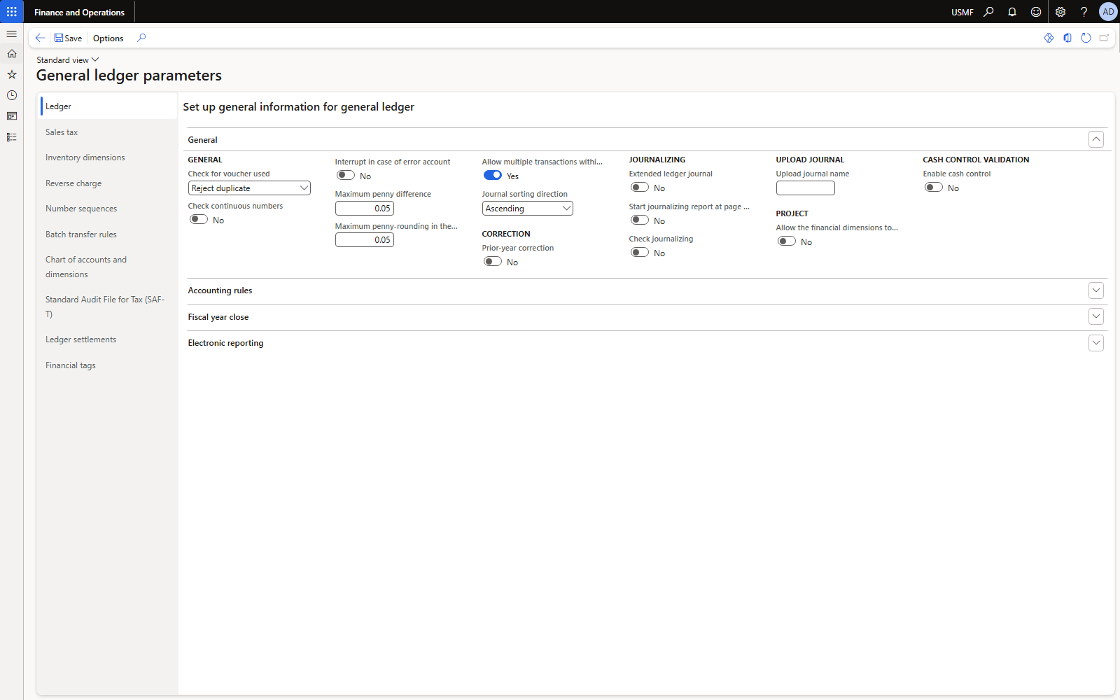 General ledger parameters: Allow multiple transactions within one voucher = Yes.