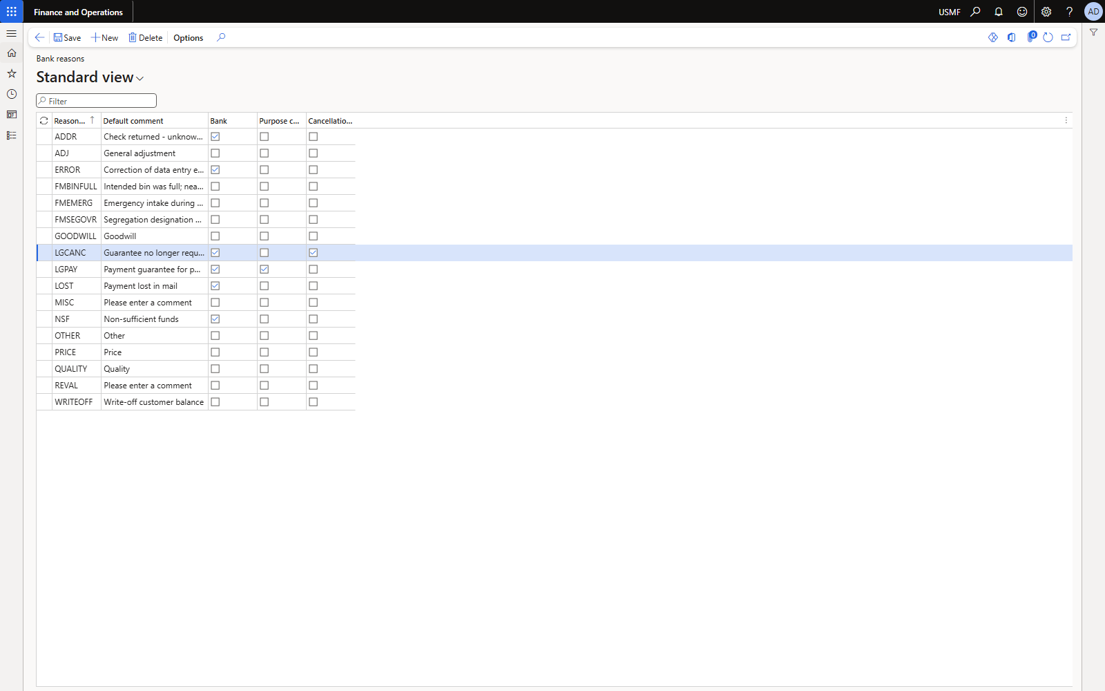 Bank reasons with the LG purpose code and cancellation reason columns.