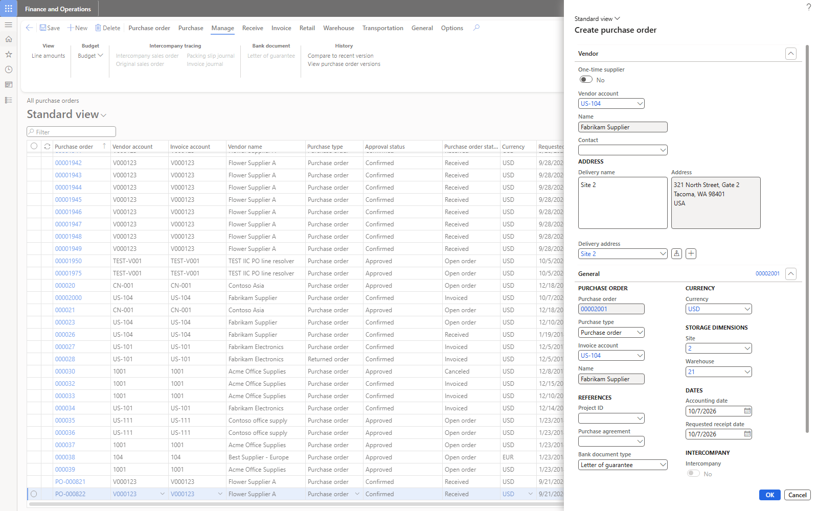 Create purchase order dialog: Bank document type = Letter of guarantee (shown on the second PO, 00002001).
