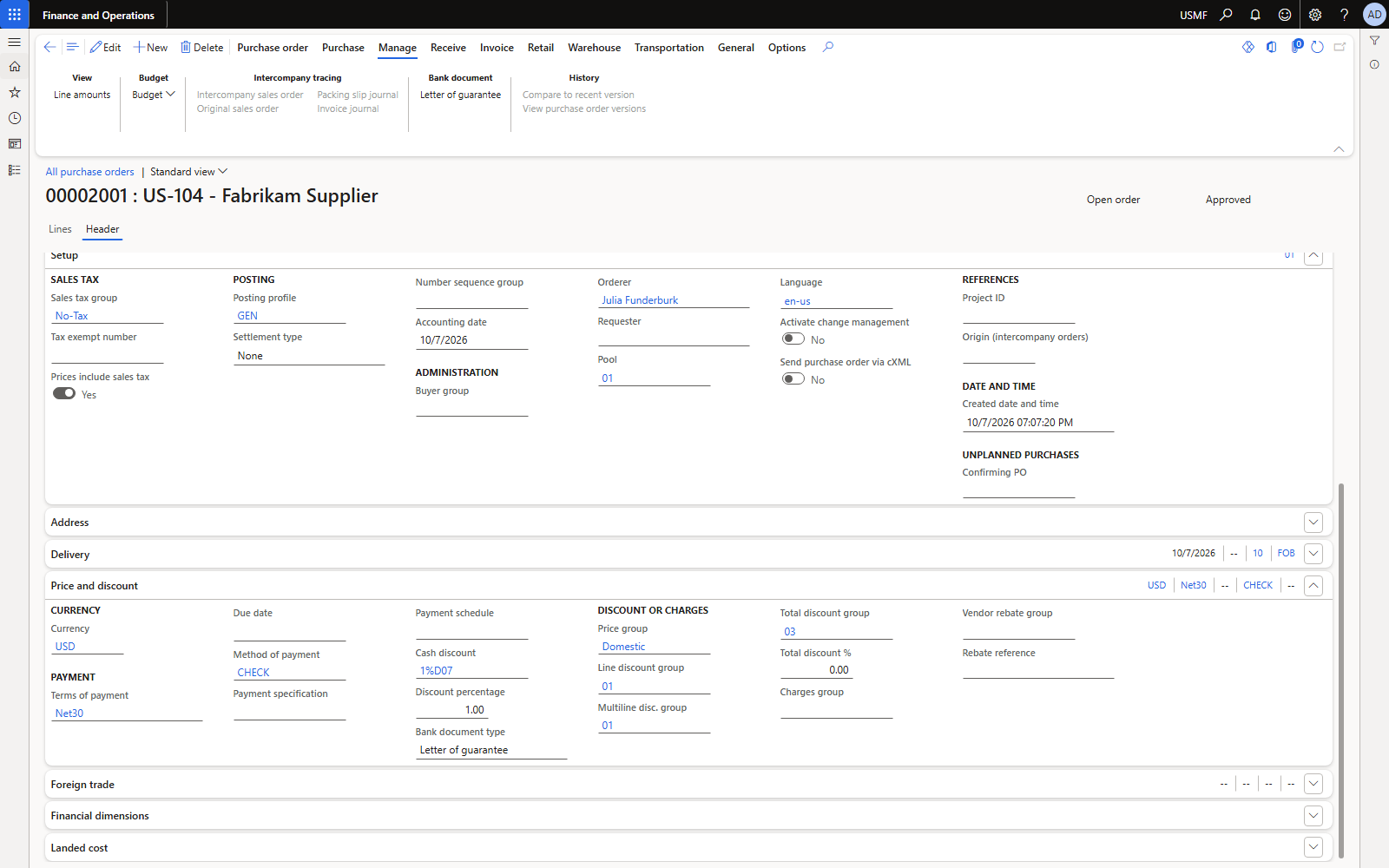Header view: Bank document type field.