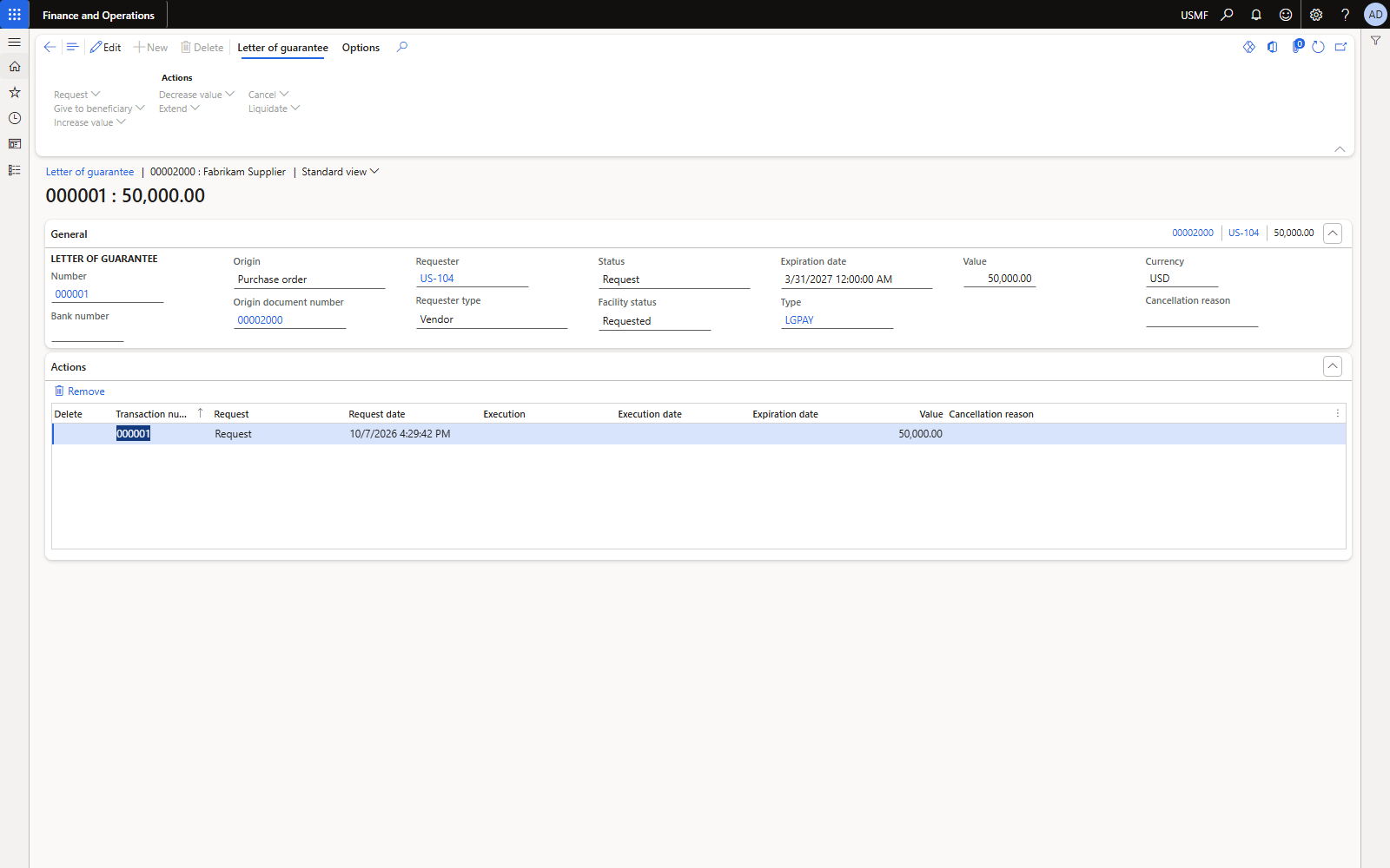 LG 000001 created: status Request, facility status Requested, requester US-104.