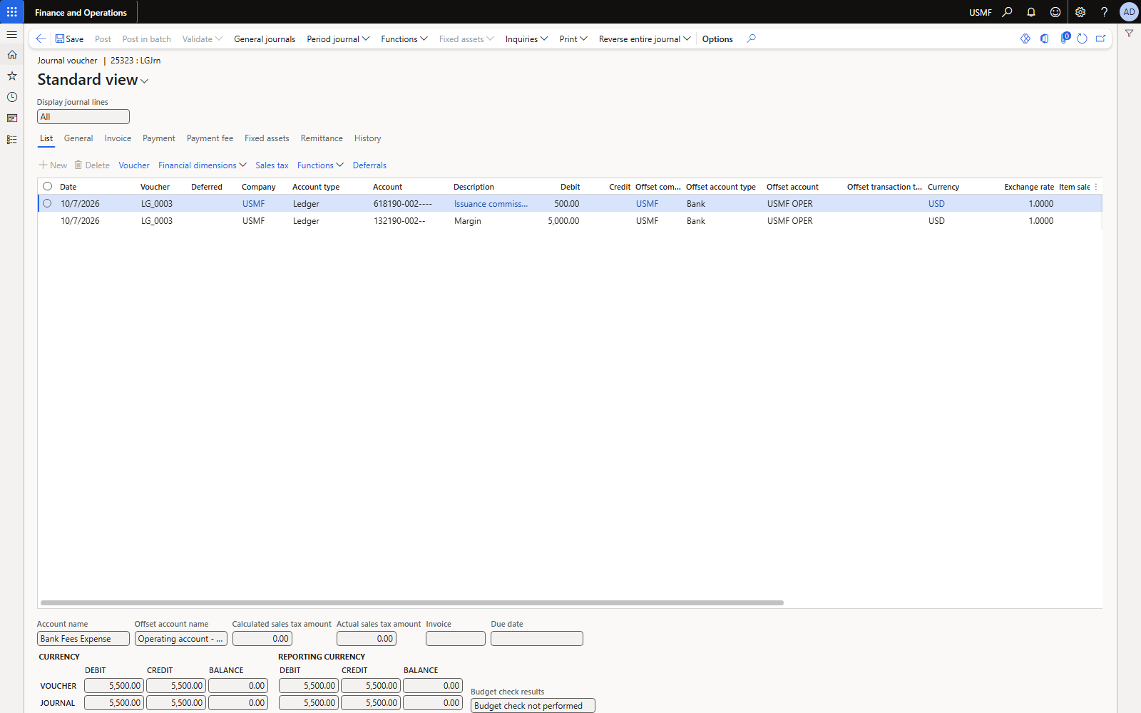 Journal 25323 (LGJrn), voucher LG_0003: both lines offset to bank USMF OPER.