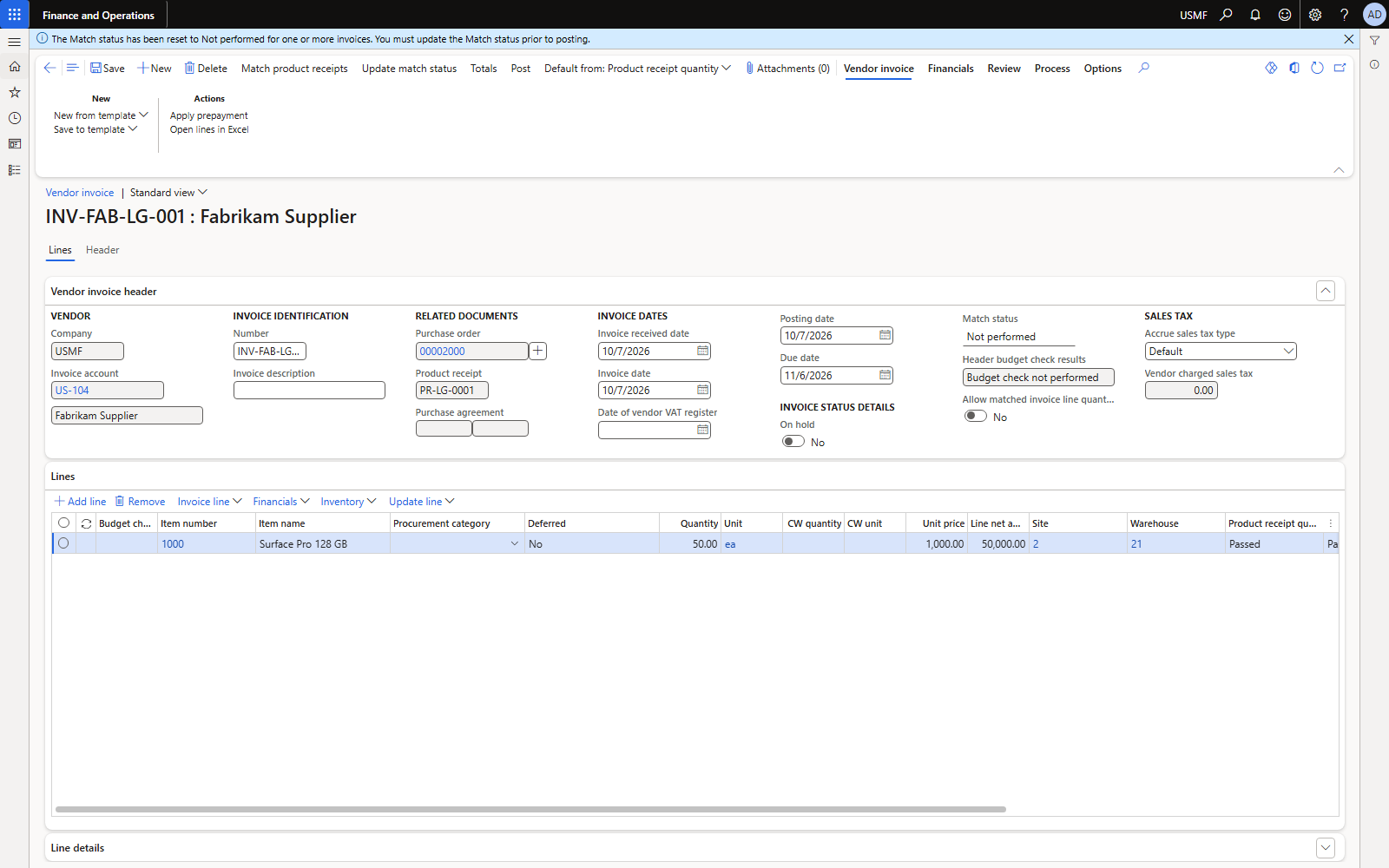 Vendor invoice INV-FAB-LG-001 for 50,000 (run Update match status before posting).