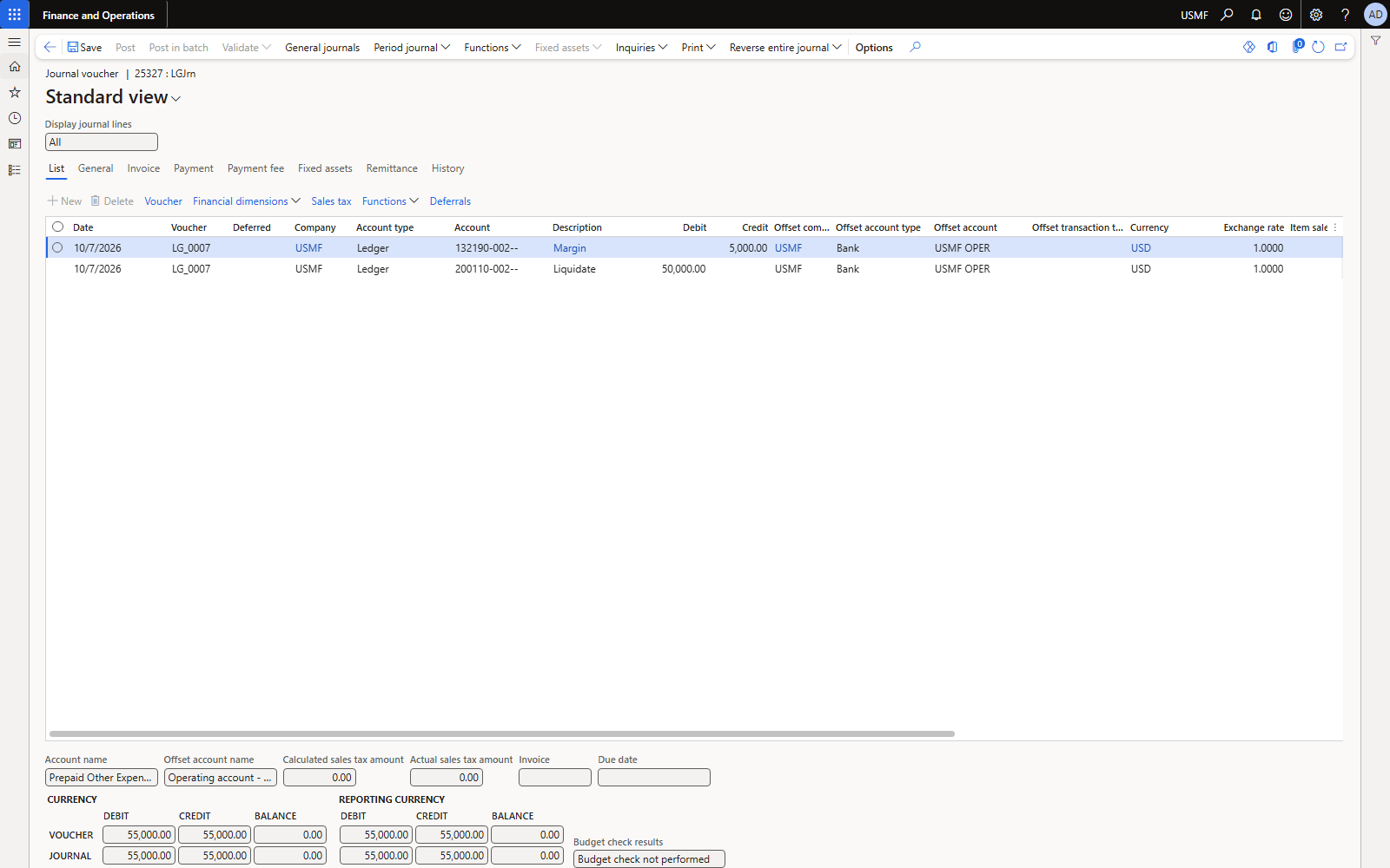Journal 25327, voucher LG_0007: margin release and liquidation, both against the bank.