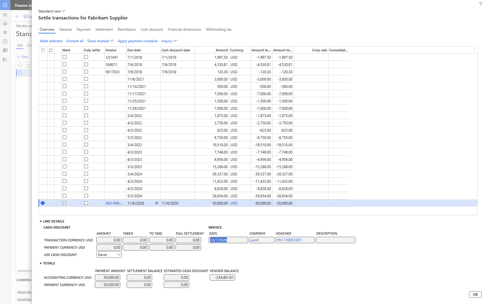 Settle transactions: INV-FAB-LG-001 marked, cash discount Never, settlement balance 0.