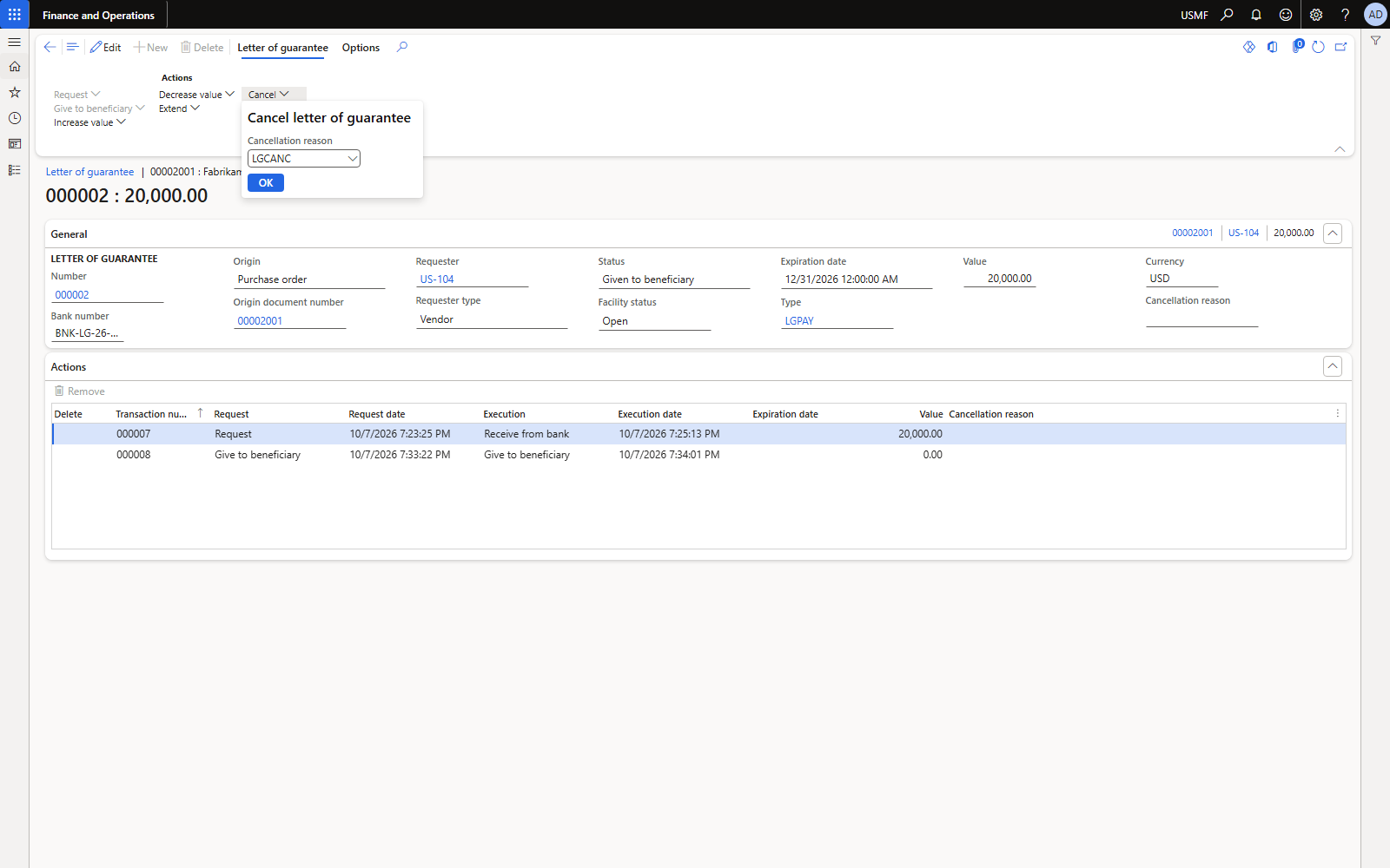 Request cancel with cancellation reason LGCANC (after give to beneficiary).