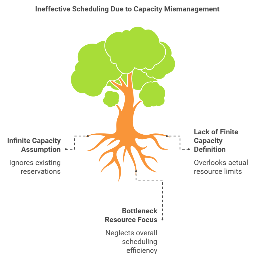 The strategy behind this functionality is that only bottleneck resources and groups are set up to operate with finite