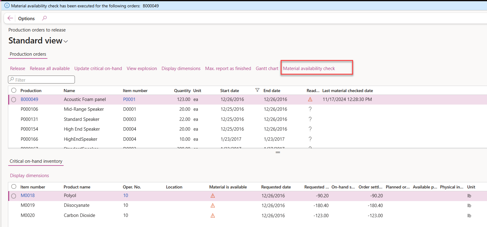 This can help you ensure that you have the necessary materials on hand before releasing production orders, allowing for a