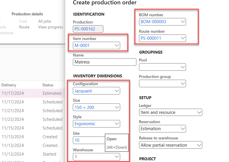 Schedule operations for production order