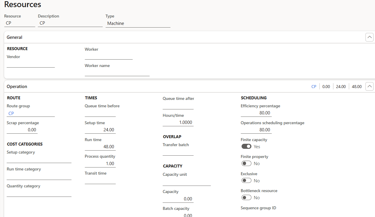 When adding a new operation route, you'll need to specify which resource requirement you want to use for running the current