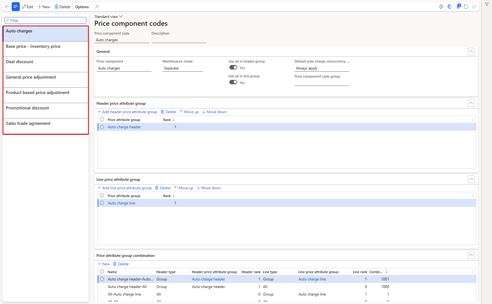 Price component codes list in D365 showing the default codes that already exist in USMF
