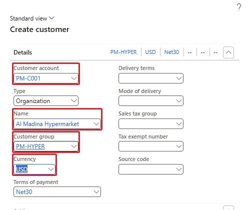 Create customer form for PM-C001 Al Madina Hypermarket