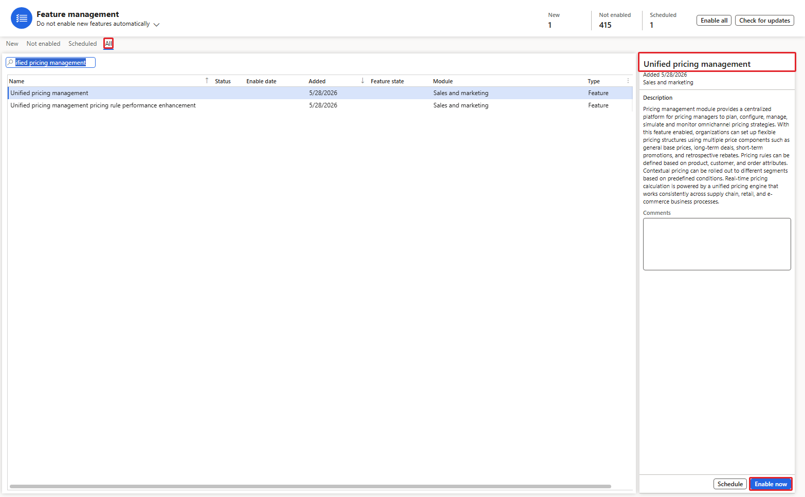 Unified pricing management feature in Feature management — not yet enabled