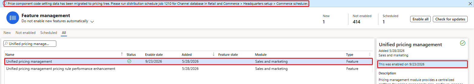 Unified pricing management feature enabled — note the message bar at the top