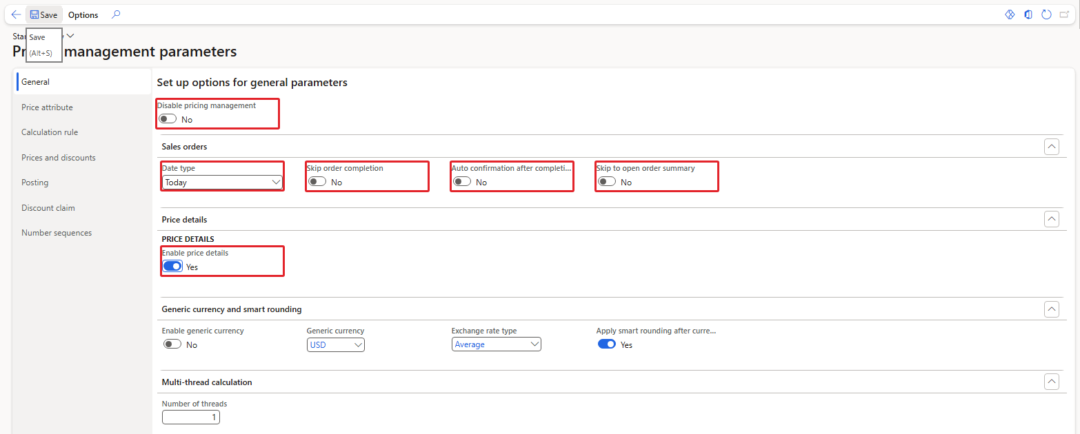 Pricing management parameters – General tab with the key fields highlighted