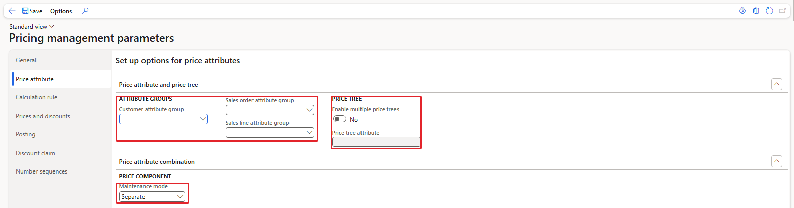Pricing management parameters – Price attribute tab