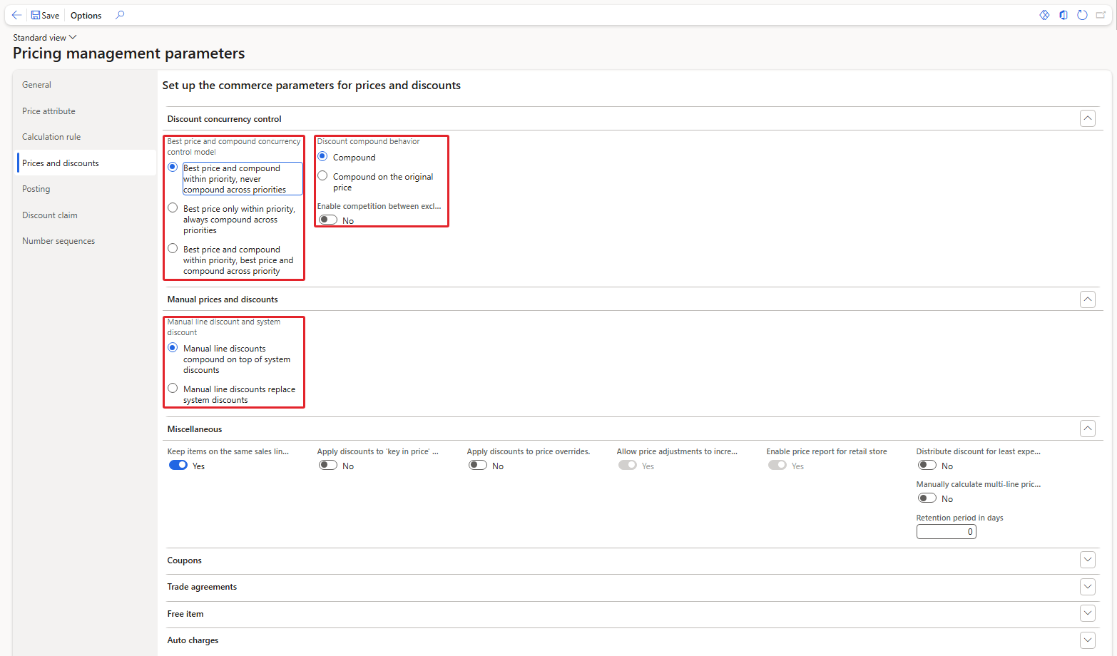 Pricing management parameters – Prices and discounts tab