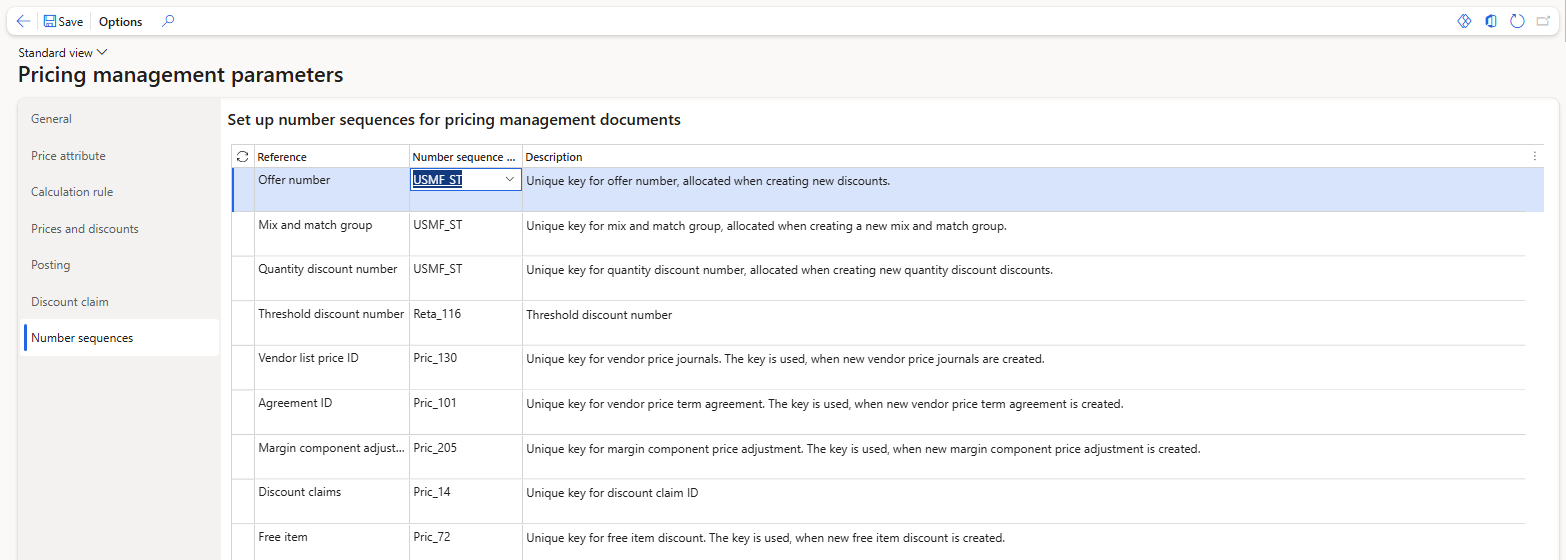 Pricing management parameters – Number sequences tab