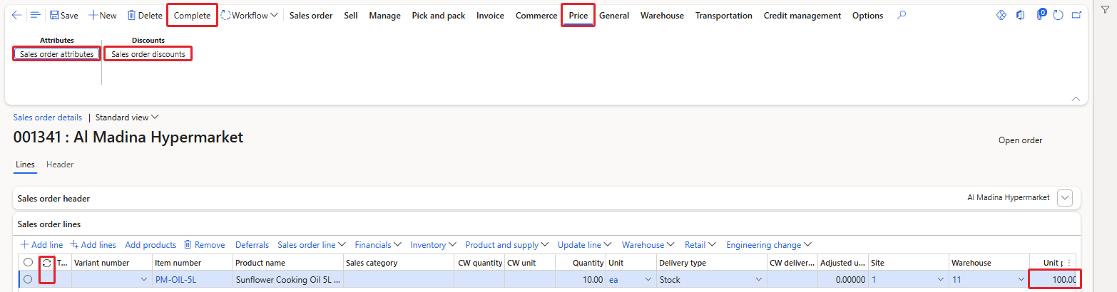 Sales order 001341 created after enabling Pricing Management