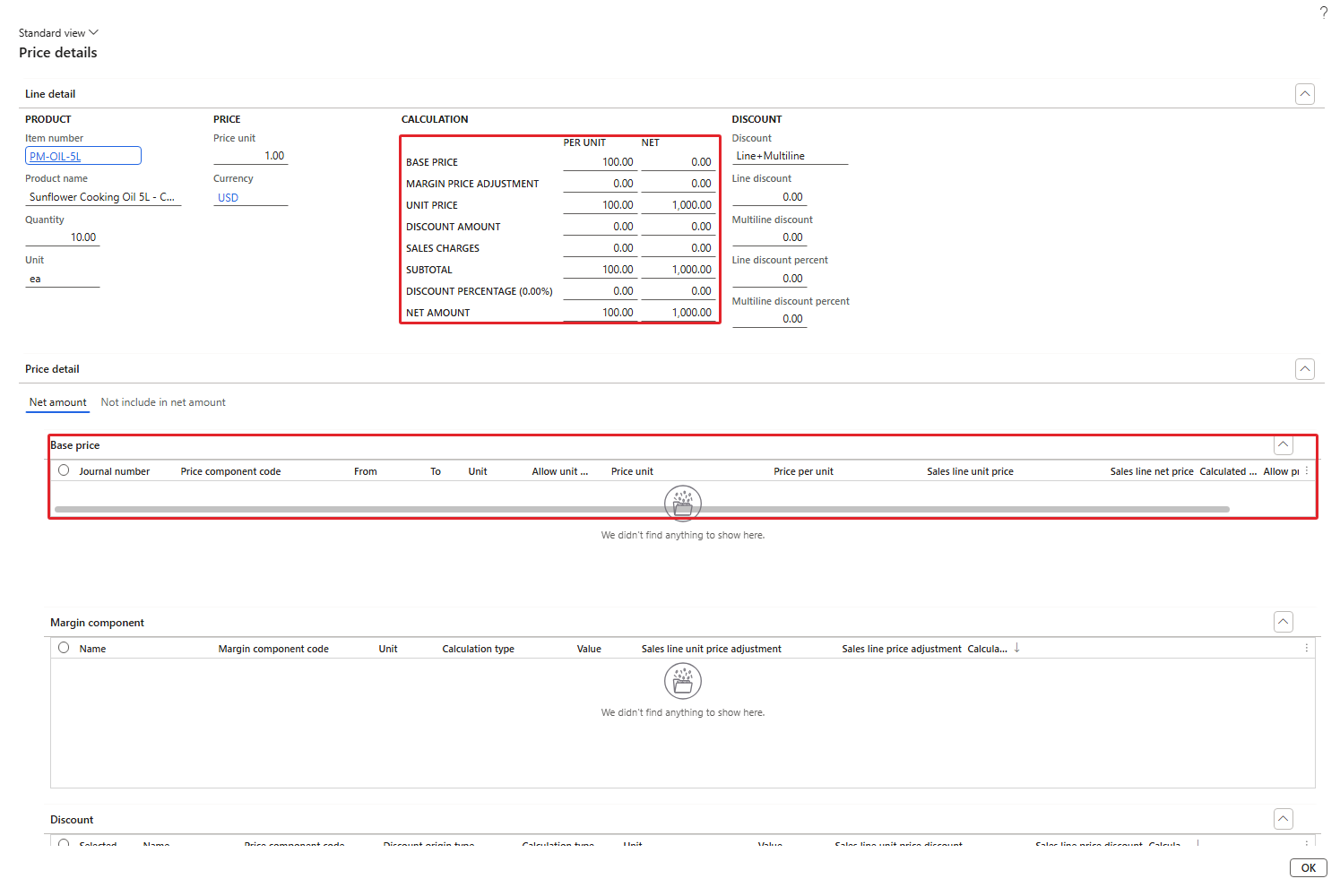 Price details screen of sales order 001341, line PM-OIL-5L: base price 100.00 and empty base price, margin component and discount grids