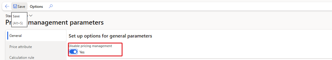 Pricing management parameters: Disable pricing management set to Yes