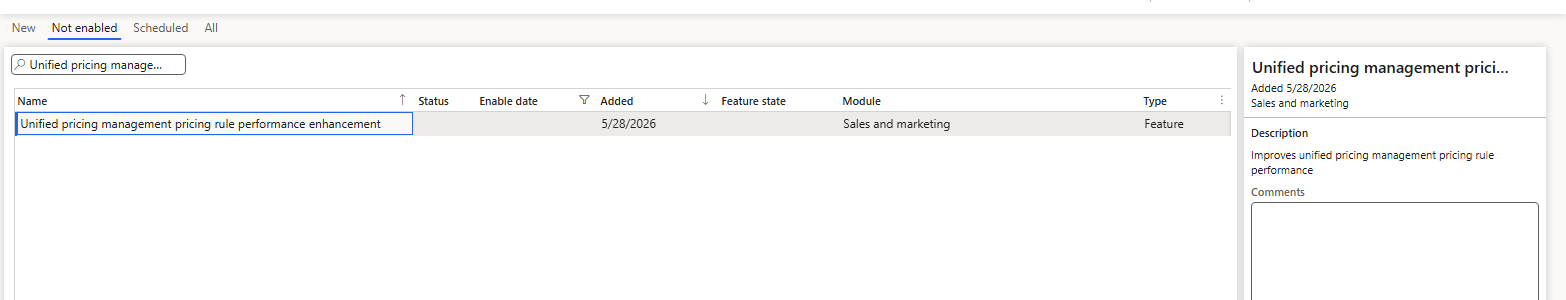 Feature management – pricing rule performance enhancement