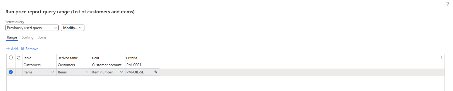 Price report query range – one customer, one item