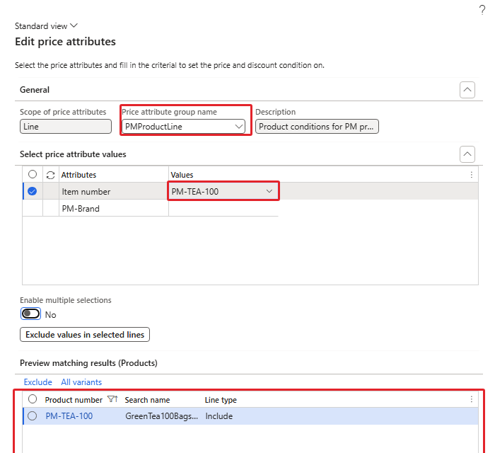 Edit price attributes – PMProductLine, Item number PM-TEA-100