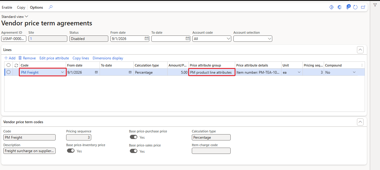 Term agreement line with the price attribute condition