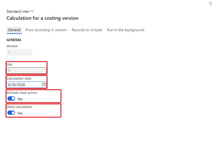 Calculation for a costing version