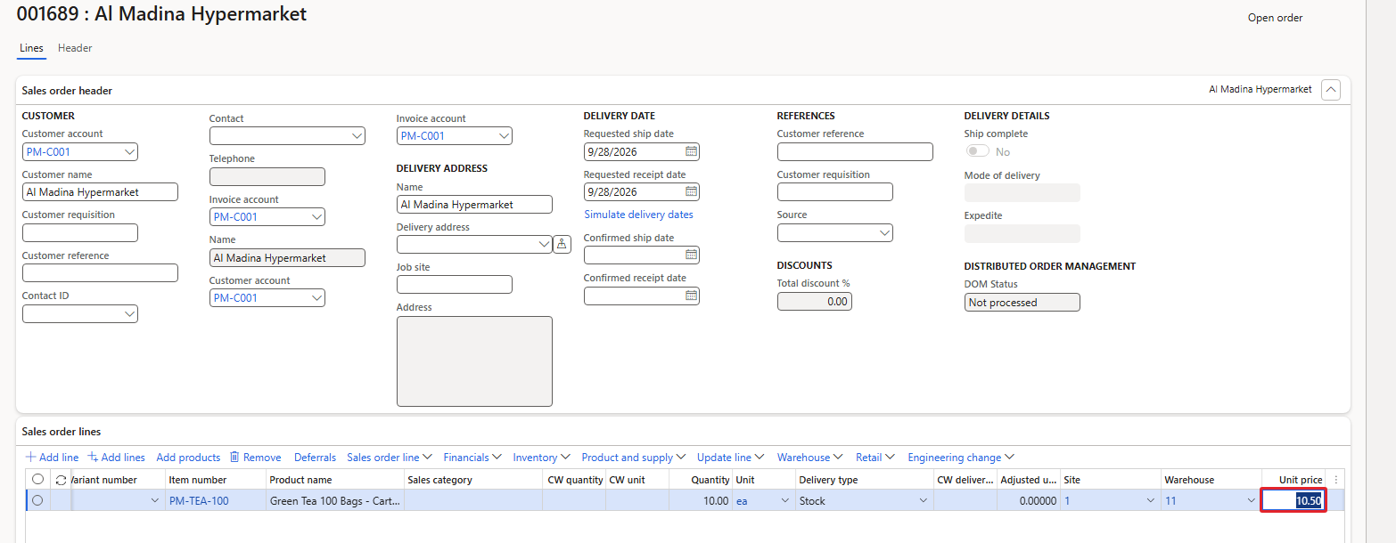 Sales order 001689 – 10.50 from the calculated base price