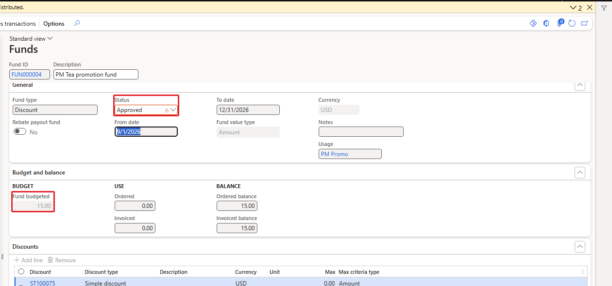 Fund FUN000004 – approved, budget 15.00, discount ST100075