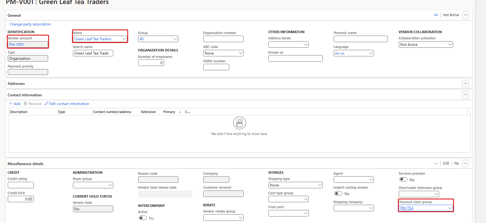Vendor PM-V001 with discount claim group